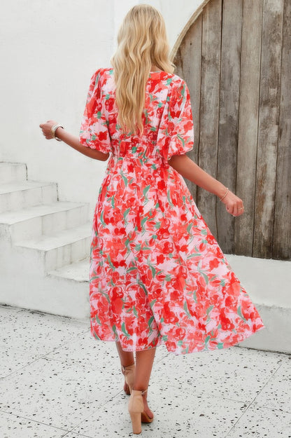 Floral V Neck Puffed Sleeve High Waist Dress - Tigbul's Variety Fashion Shop