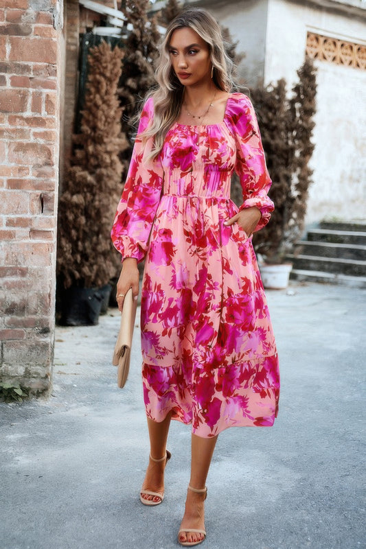 Floral High Elastic Waist Square Neck Pocket Dress - Tigbul's Variety Fashion Shop
