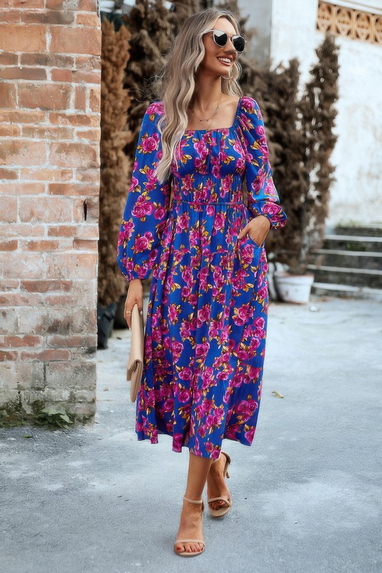 Floral High Elastic Waist Square Neck Pocket Dress - Tigbul's Variety Fashion Shop