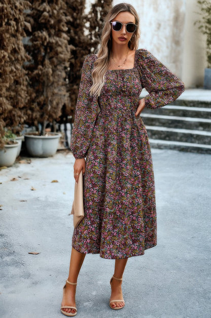Floral High Elastic Waist Square Neck Pocket Dress - Tigbul's Variety Fashion Shop