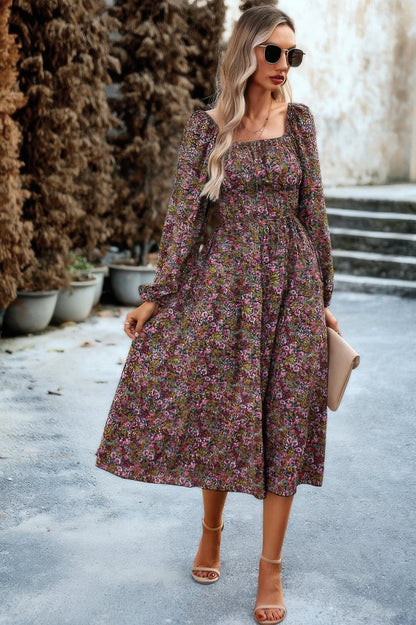 Floral High Elastic Waist Square Neck Pocket Dress - Tigbul's Variety Fashion Shop