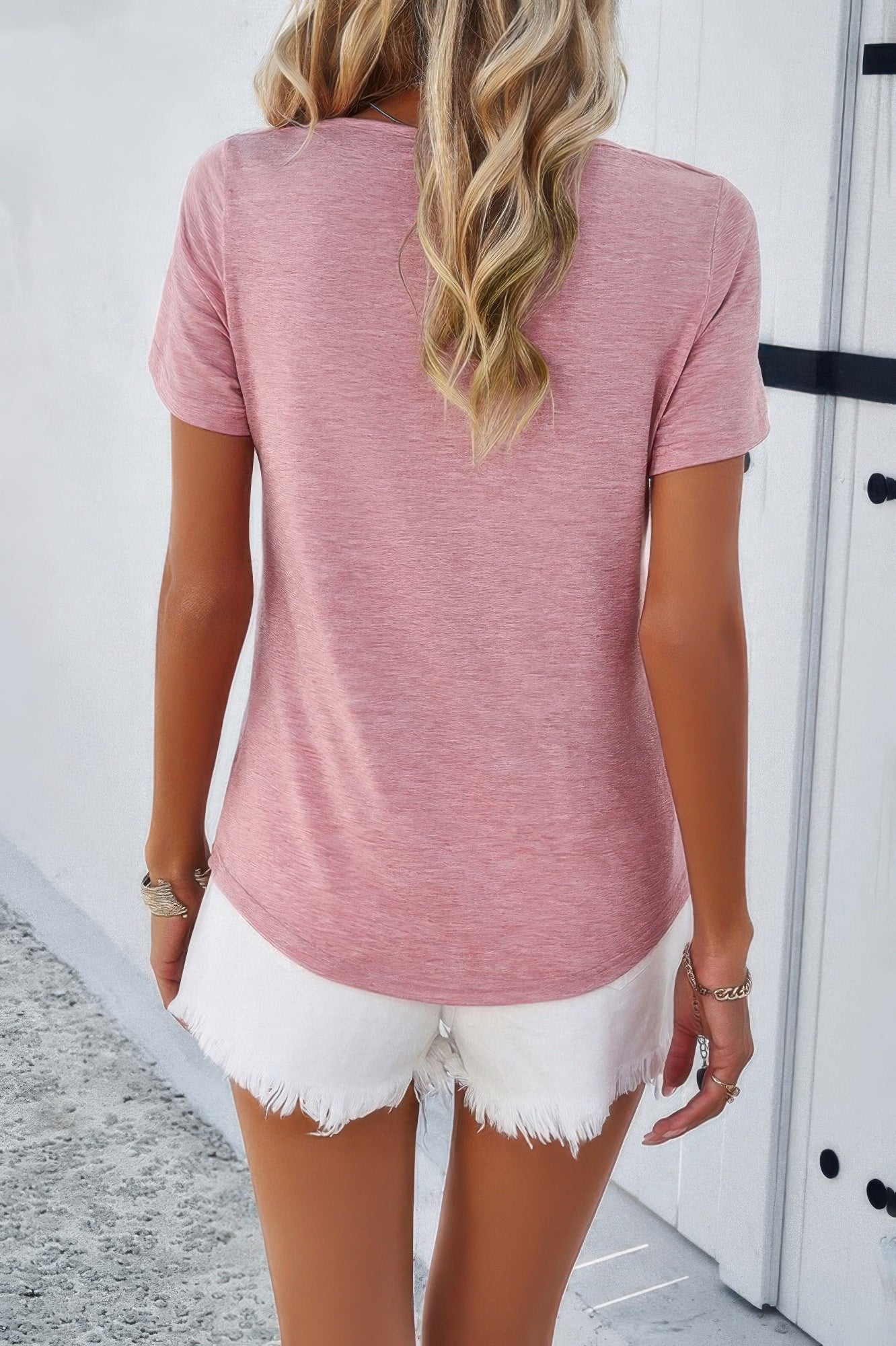 Solid V Neck Cut Out Short Sleeve Loose Shirt - Tigbul's Variety Fashion Shop