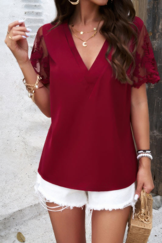 Solid Lace Floral V Neck Short Sleeve Shirt - Tigbul's Variety Fashion Shop