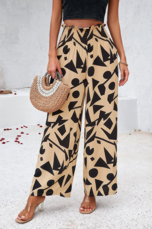 Allover Print Folded Frill Wide Leg High Waist Pant - Tigbul's Variety Fashion Shop