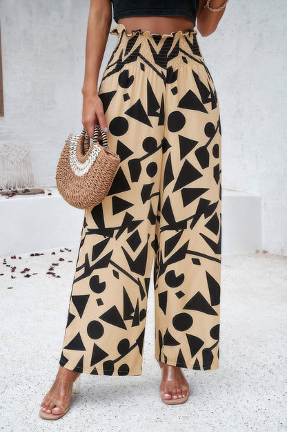 Allover Print Folded Frill Wide Leg High Waist Pant - Tigbul's Variety Fashion Shop