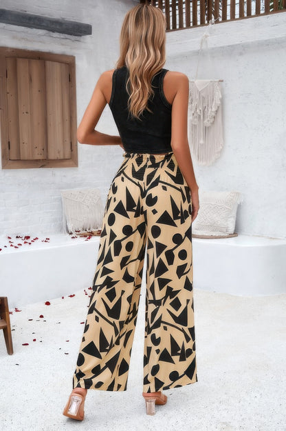Allover Print Folded Frill Wide Leg High Waist Pant - Tigbul's Variety Fashion Shop