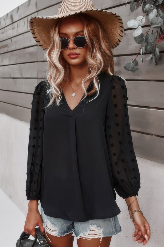 Solid V Neck Lantern Sleeve Swiss Dot Shirt - Tigbul's Variety Fashion Shop