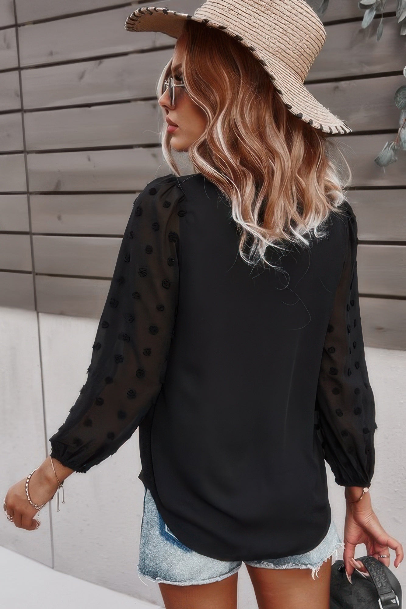 Solid V Neck Lantern Sleeve Swiss Dot Shirt - Tigbul's Variety Fashion Shop