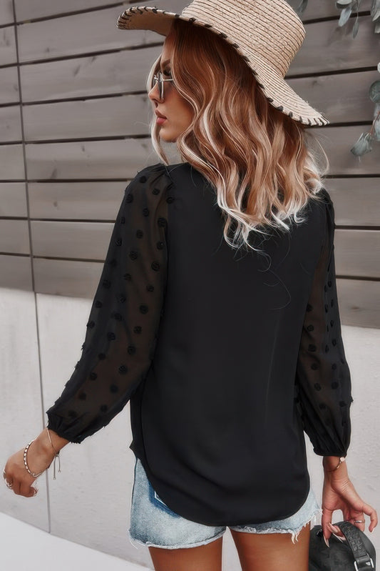 Solid V Neck Lantern Sleeve Swiss Dot Shirt - Tigbul's Variety Fashion Shop