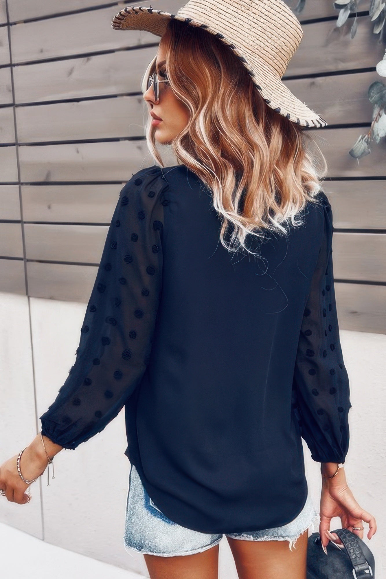 Solid V Neck Lantern Sleeve Swiss Dot Shirt - Tigbul's Variety Fashion Shop