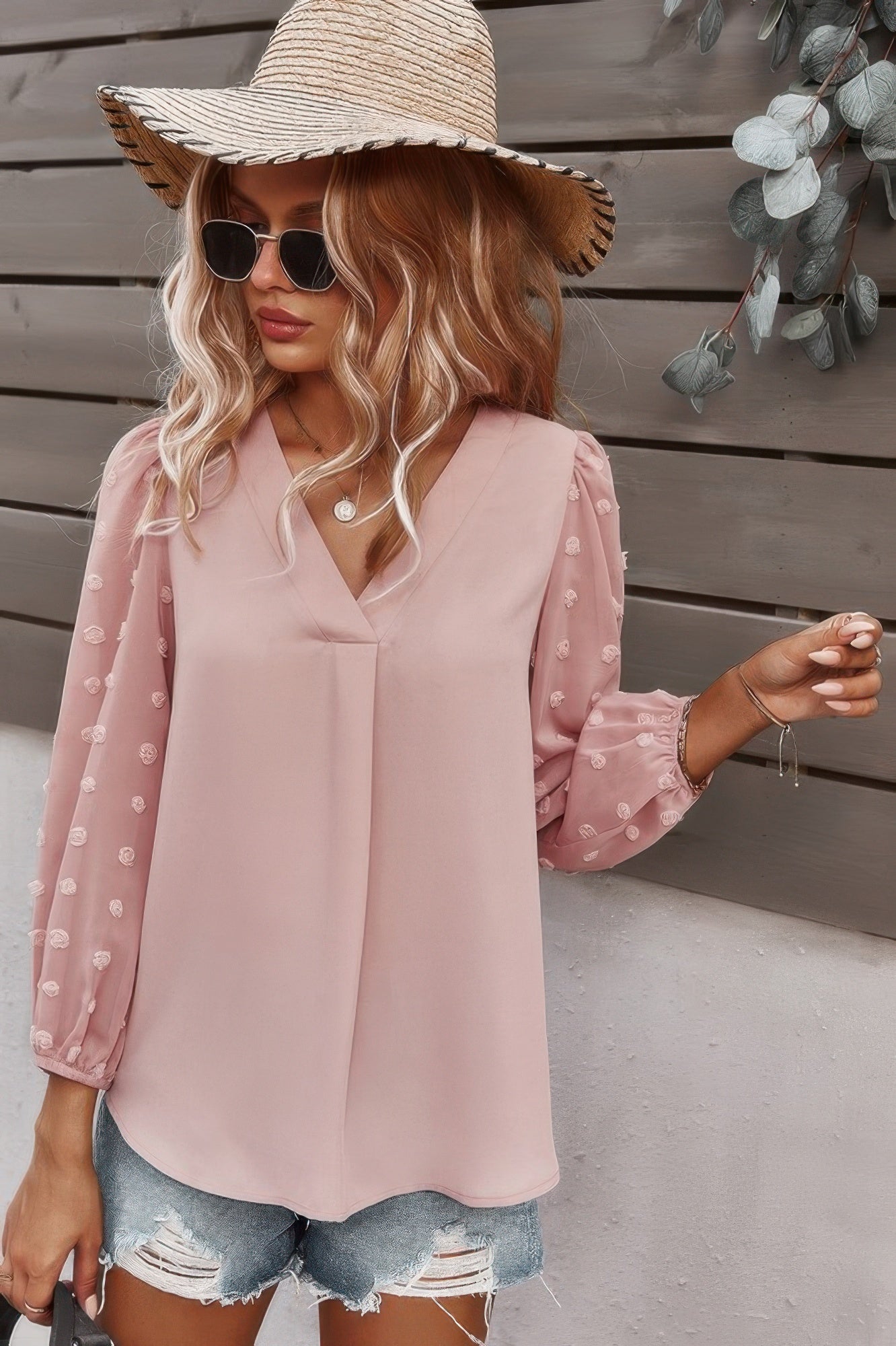 Solid V Neck Lantern Sleeve Swiss Dot Shirt - Tigbul's Variety Fashion Shop