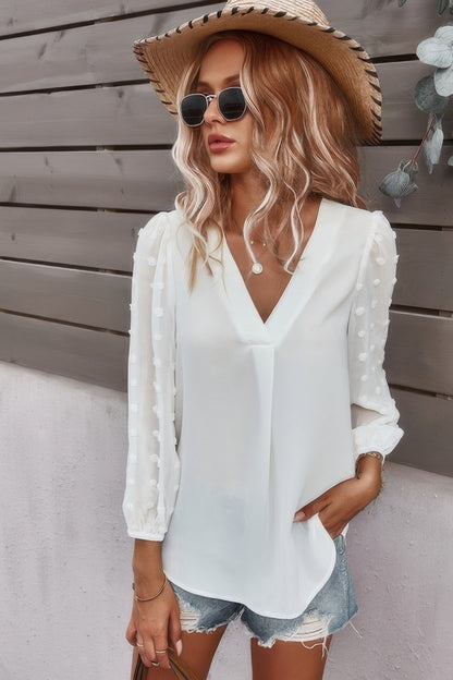 Solid V Neck Lantern Sleeve Swiss Dot Shirt - Tigbul's Variety Fashion Shop