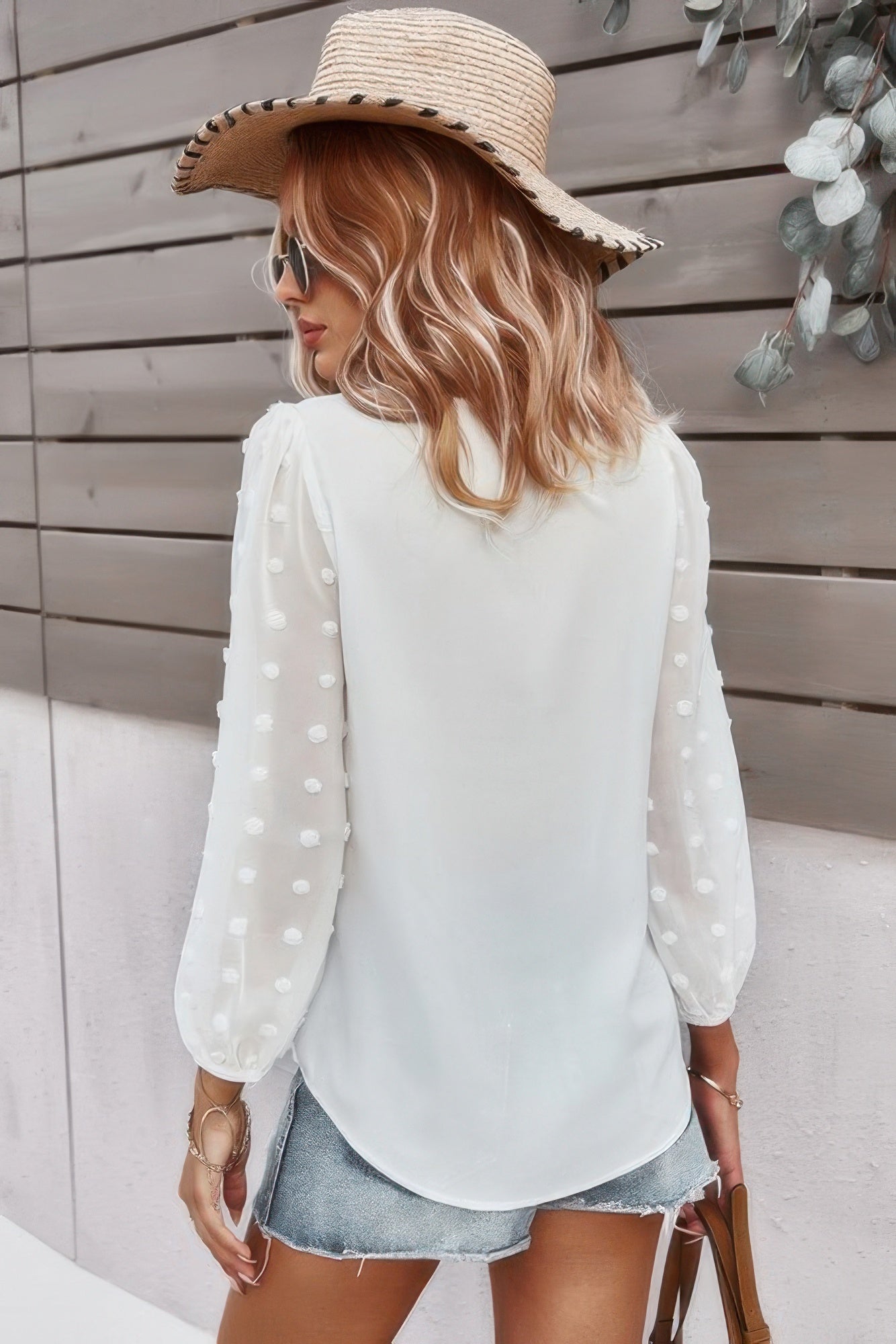 Solid V Neck Lantern Sleeve Swiss Dot Shirt - Tigbul's Variety Fashion Shop
