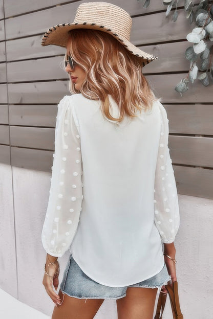 Solid V Neck Lantern Sleeve Swiss Dot Shirt - Tigbul's Variety Fashion Shop