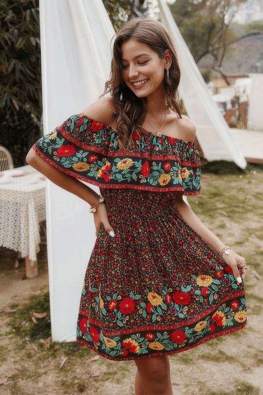 Boho Print Cut Ruffle Accented Pleated Short Dress - Tigbul's Variety Fashion Shop