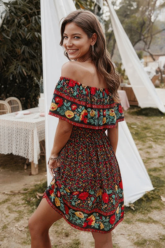 Boho Print Cut Ruffle Accented Pleated Short Dress - Tigbul's Variety Fashion Shop