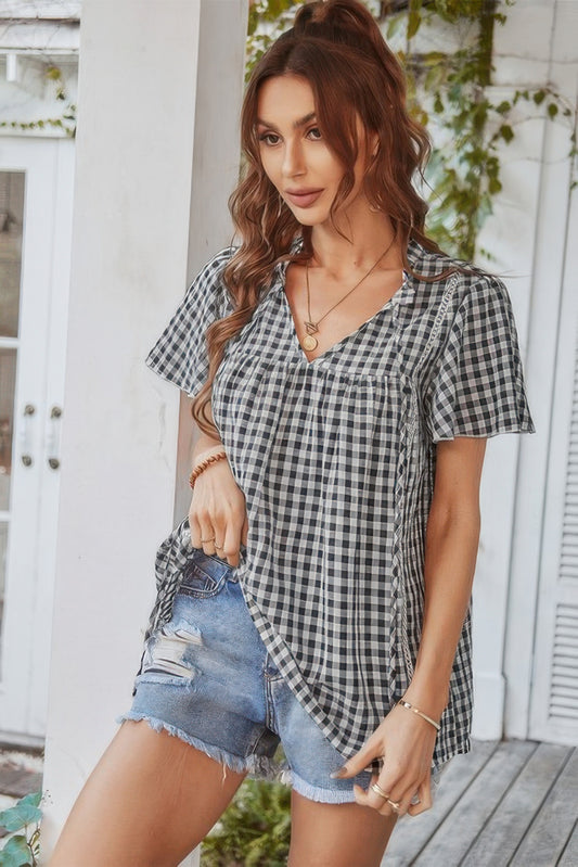 Gingham V Neck Plaid Loose Drawstring Blouse - Tigbul's Variety Fashion Shop