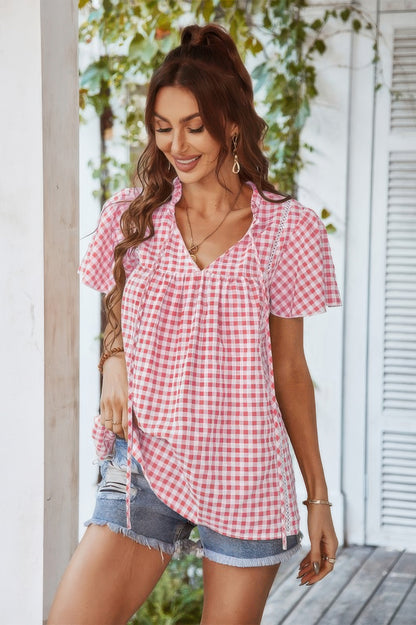 Gingham V Neck Plaid Loose Drawstring Blouse - Tigbul's Variety Fashion Shop