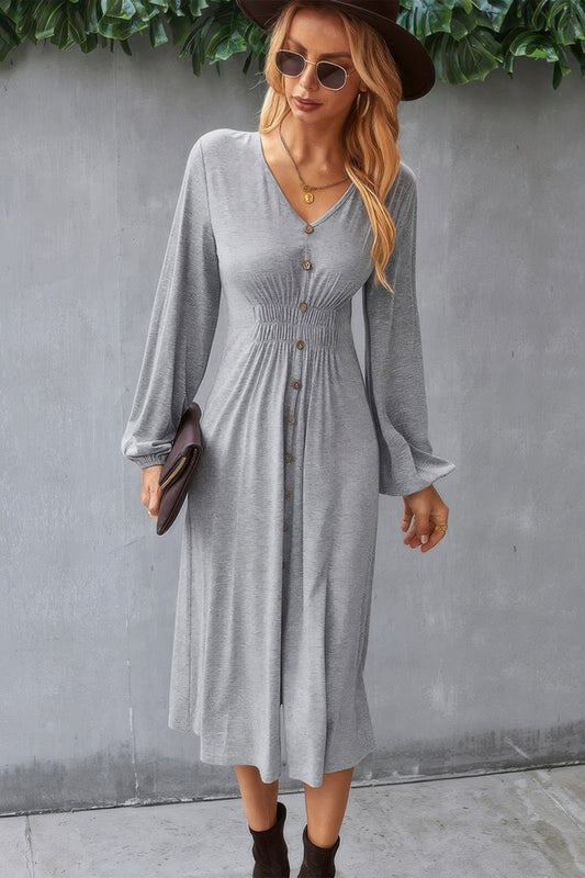 Solid V Neck Elastic Waist Button Long Sleeve Dress - Tigbul's Variety Fashion Shop