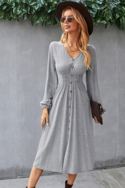 Solid V Neck Elastic Waist Button Long Sleeve Dress - Tigbul's Variety Fashion Shop