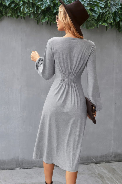 Solid V Neck Elastic Waist Button Long Sleeve Dress - Tigbul's Variety Fashion Shop