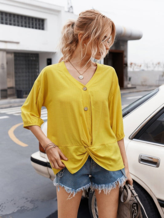 V Neck Drawstring Solid Button Down Blouse - Tigbul's Variety Fashion Shop