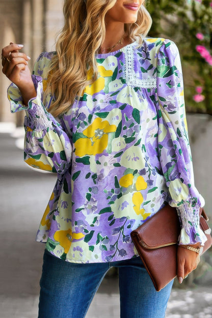 Floral Contrast Lace Trim Split Top - Tigbul's Variety Fashion Shop