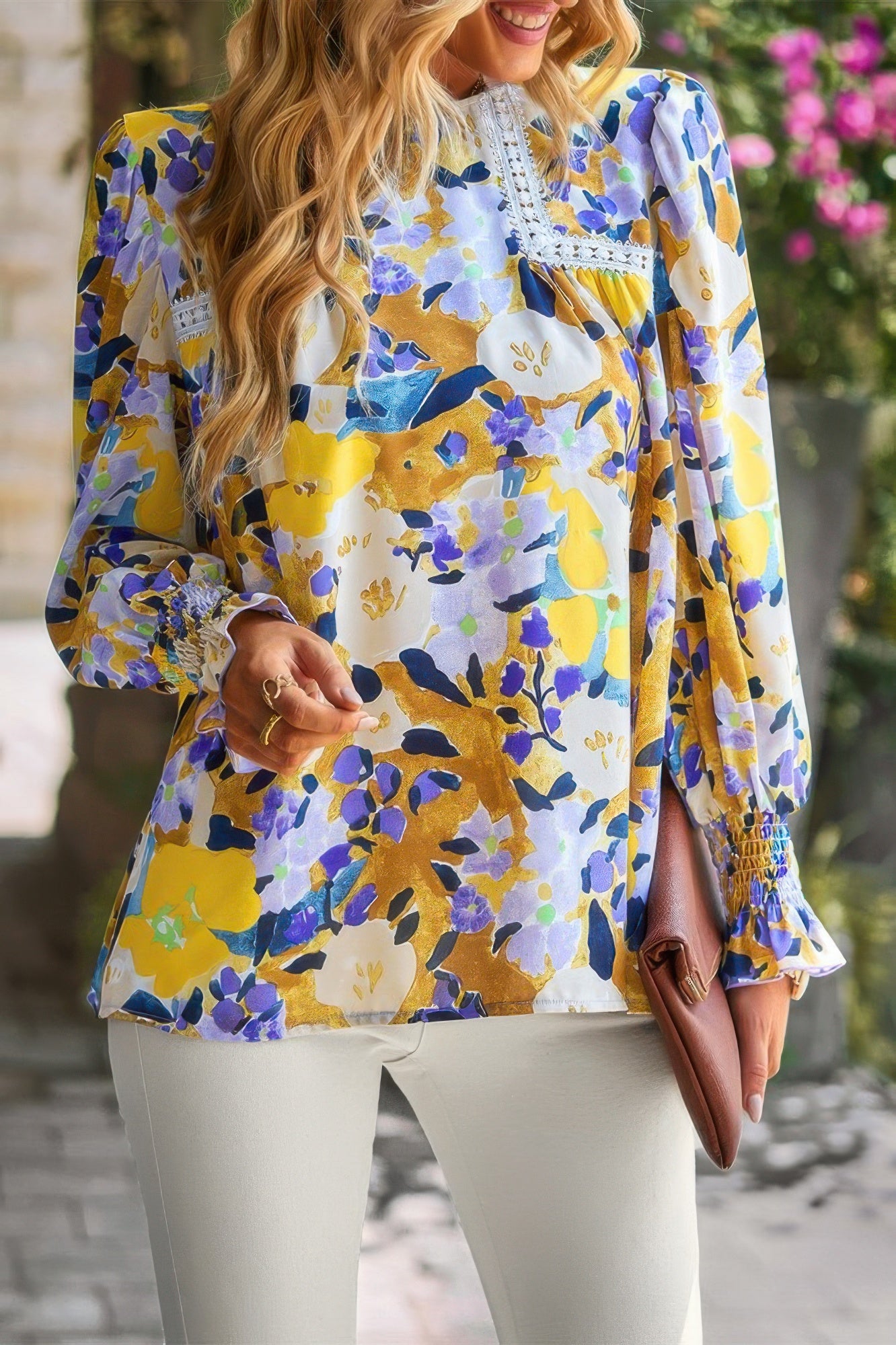 Floral Contrast Lace Trim Split Top - Tigbul's Variety Fashion Shop