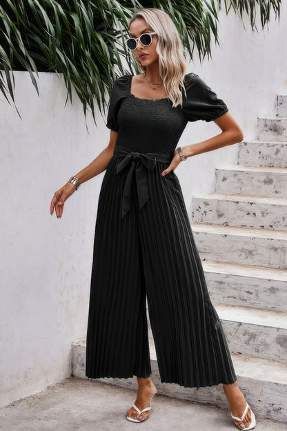 Square Neck Ruffle Trim Belted Pleated Jumpsuit - Tigbul's Variety Fashion Shop