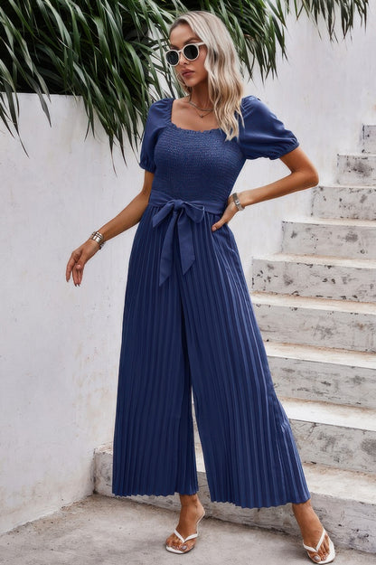 Square Neck Ruffle Trim Belted Pleated Jumpsuit - Tigbul's Variety Fashion Shop