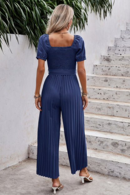 Square Neck Ruffle Trim Belted Pleated Jumpsuit - Tigbul's Variety Fashion Shop