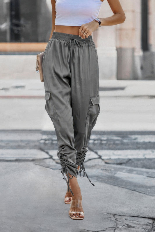 Solid Drawstring Hem Flap Pocket Side Stacked Pant - Tigbul's Variety Fashion Shop
