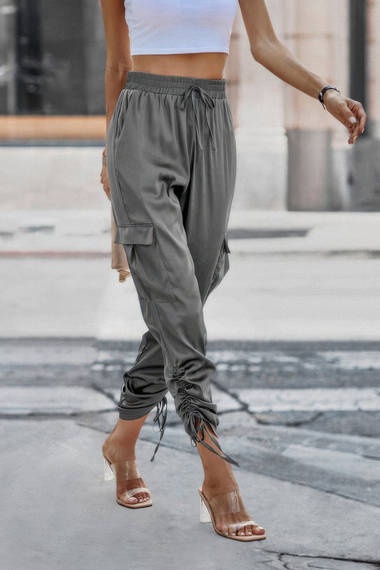 Solid Drawstring Hem Flap Pocket Side Stacked Pant - Tigbul's Variety Fashion Shop