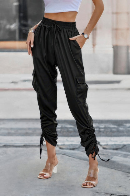 Solid Drawstring Hem Flap Pocket Side Stacked Pant - Tigbul's Variety Fashion Shop