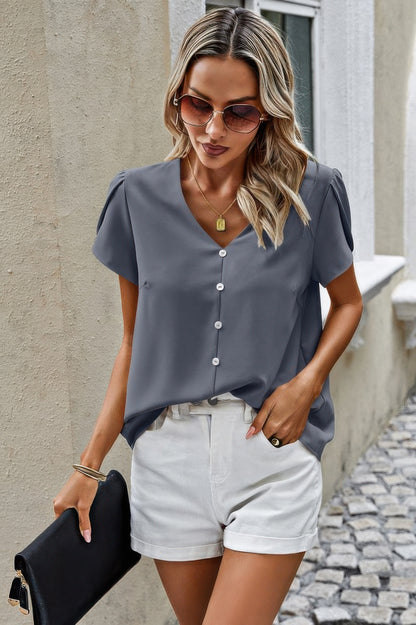 Solid Button Trim V Neck Loose Fit Blouse - Tigbul's Variety Fashion Shop