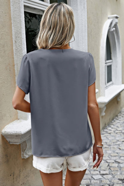 Solid Button Trim V Neck Loose Fit Blouse - Tigbul's Variety Fashion Shop