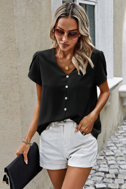 Solid Button Trim V Neck Loose Fit Blouse - Tigbul's Variety Fashion Shop