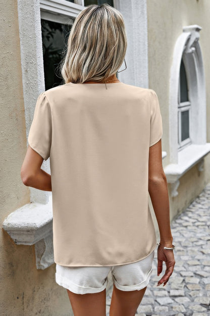 Solid Button Trim V Neck Loose Fit Blouse - Tigbul's Variety Fashion Shop