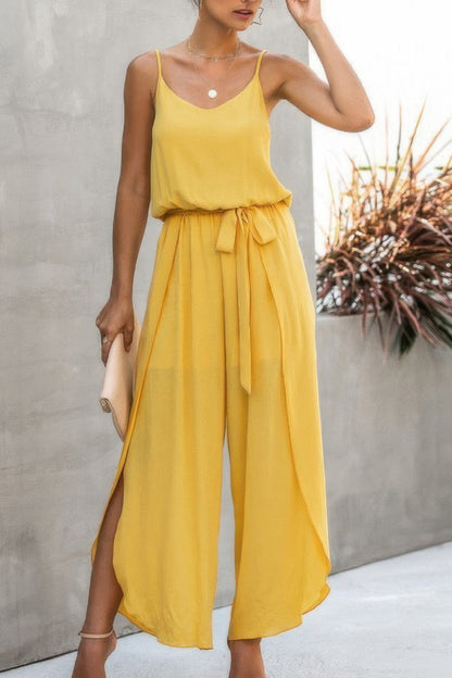 V Neck Suspenders Wide Leg Side Slit Jumpsuit - Tigbul's Variety Fashion Shop