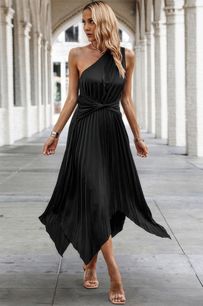 Twist Front Pleated One Shoulder Long Dress - Tigbul's Variety Fashion Shop