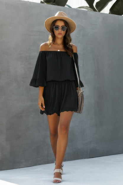Chiffon Off Shoulder Flare Sleeves Loose Fit Romper - Tigbul's Variety Fashion Shop