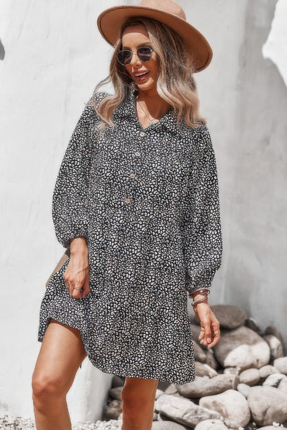 Animal Print Button Down A Line Lantem Sleeve Dress - Tigbul's Variety Fashion Shop