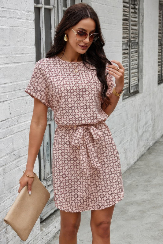 Elegant Crew Neck Batwing Sleeve Printed Dress - Tigbul's Variety Fashion Shop