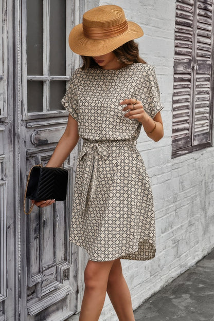 Elegant Crew Neck Batwing Sleeve Printed Dress - Tigbul's Variety Fashion Shop