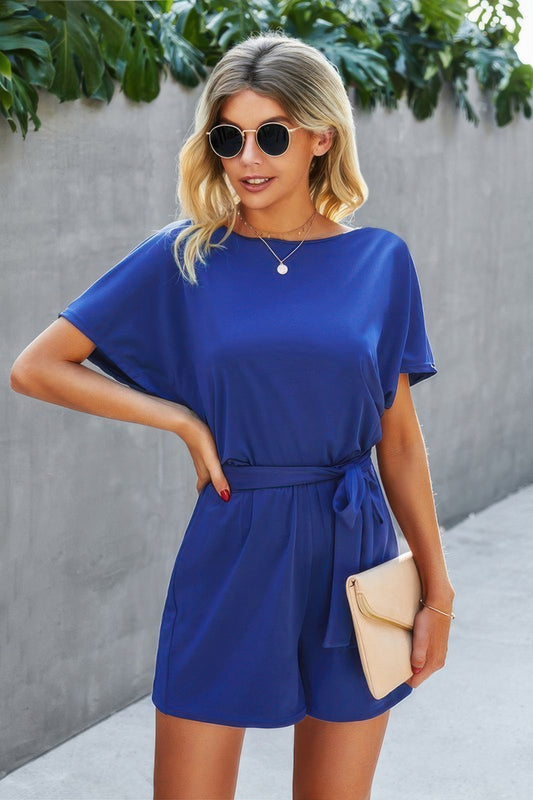 Boat Neck Short Sleeve Waist Tie Loose Romper - Tigbul's Variety Fashion Shop