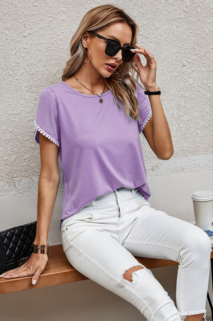 Crewneck Short Sleeve Lace Trim Loose T Shirts - Tigbul's Variety Fashion Shop