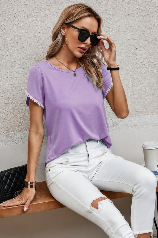 Crewneck Short Sleeve Lace Trim Loose T Shirts - Tigbul's Variety Fashion Shop