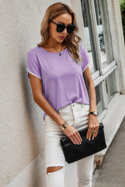 Crewneck Short Sleeve Lace Trim Loose T Shirts - Tigbul's Variety Fashion Shop