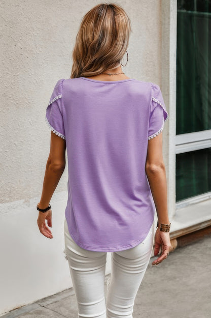 Crewneck Short Sleeve Lace Trim Loose T Shirts - Tigbul's Variety Fashion Shop