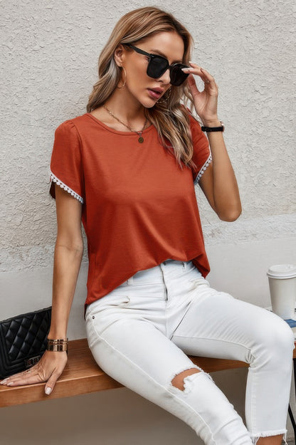 Crewneck Short Sleeve Lace Trim Loose T Shirts - Tigbul's Variety Fashion Shop